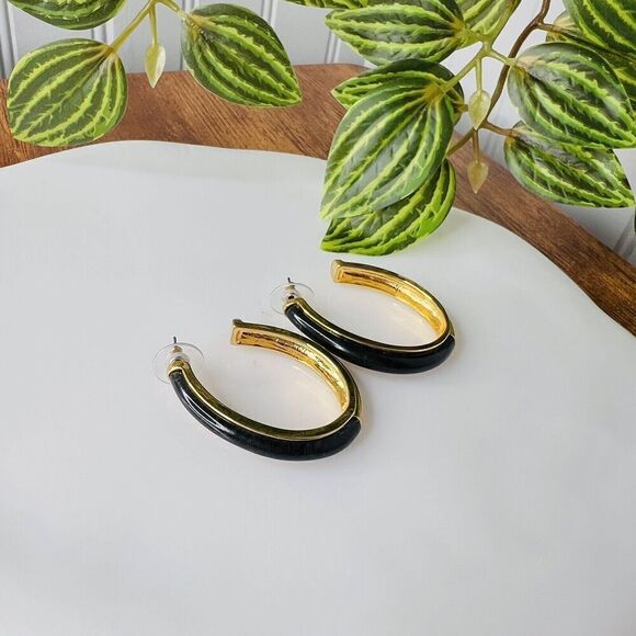 Kara Ross Black Label by Chico’s Ebony Resin Gold Tone Earrings Open Hoop NICE - Picture 3 of 10